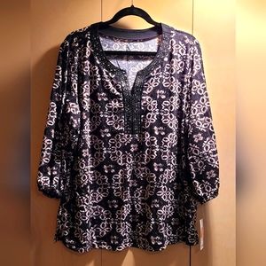 Croft and Barrow 3/4 Sleeve Split Neck Top 2X BLACK NWT